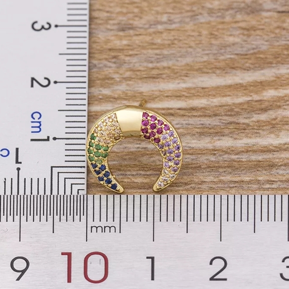 New Gold Pave Moon Stud Earrings with Cubic Zirconia for Women - Picture 3 of 3